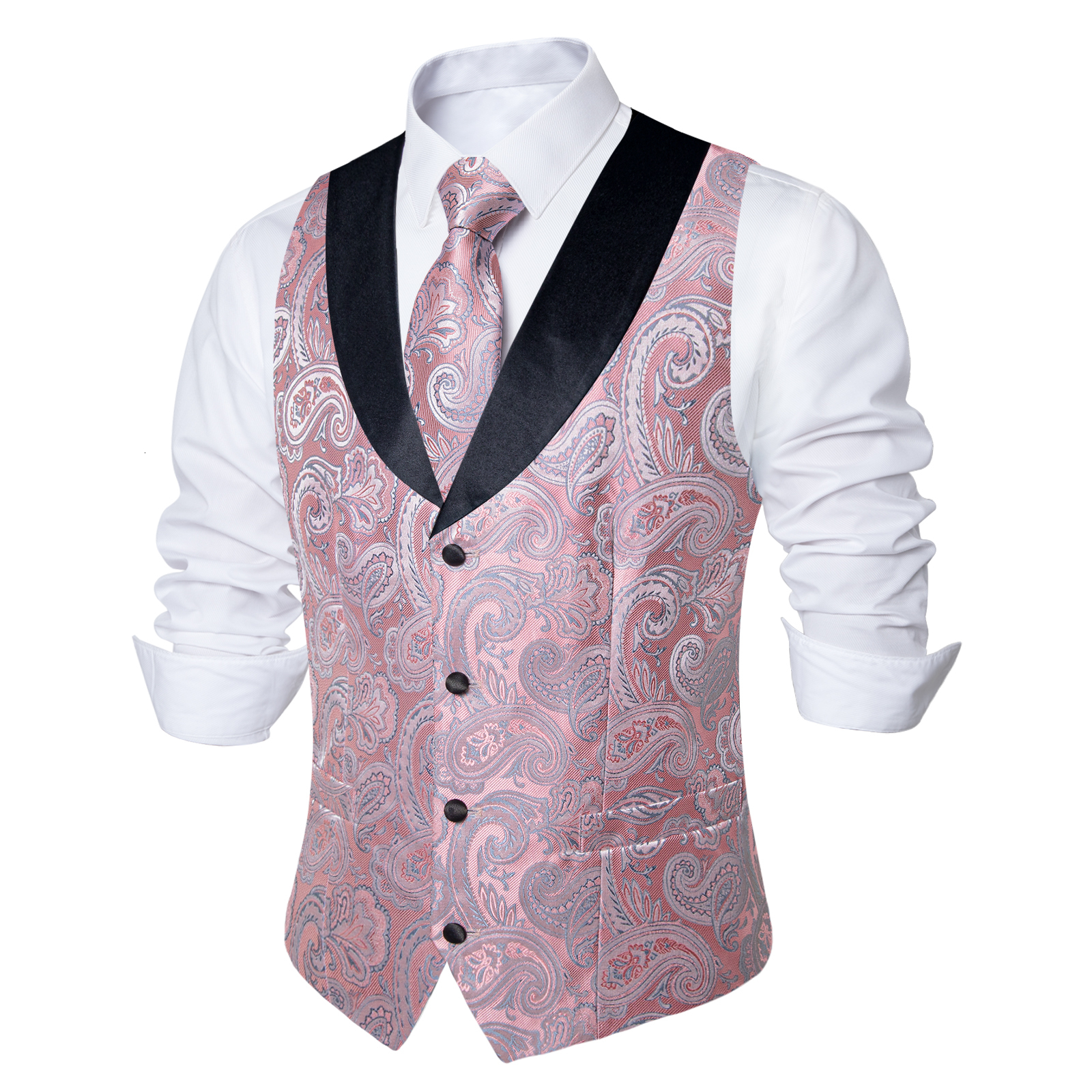 Men's Vests Pink Paisly Suit Set 5 PCS Tuxedo Waistcoat And Tie Pocket Square Cufflinks Clips For Wedding Mens Clothing Blazer 230217