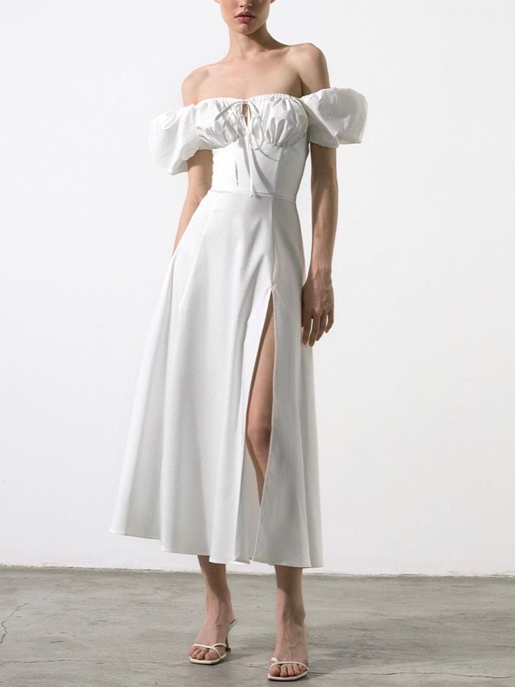 Casual Dresses Asia Puff Sleeve White Off Shoulder Cut out Tie up Side Split Ruched Long robe femme Summer for Women 230217