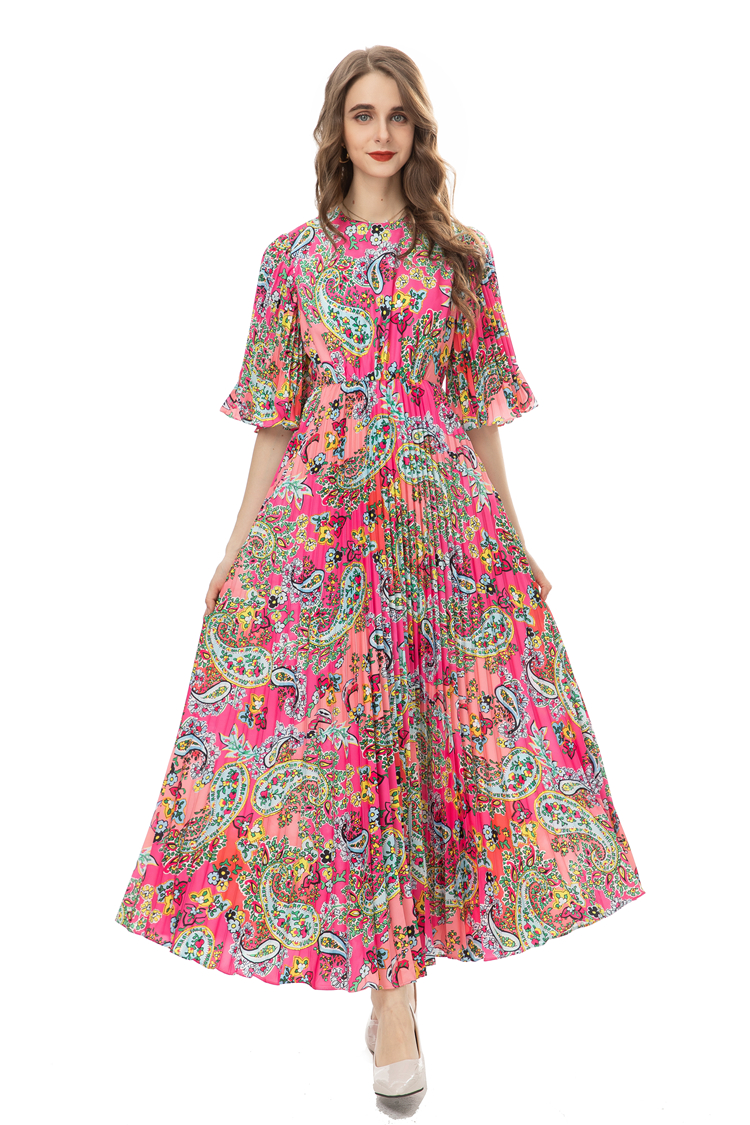 Women's Runway Dresses O Neck 3/4 Sleeves Pleated Floral Printed Elegant Fashion Prom Vestidos