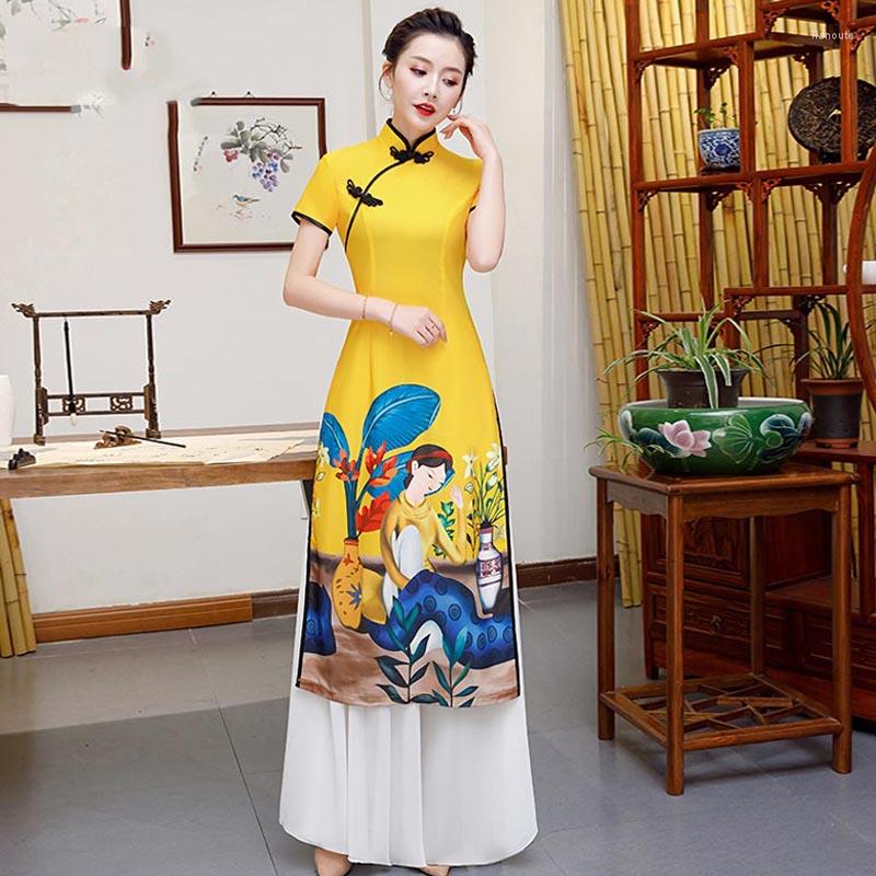 Ethnic Clothing Ao Dai Vietnam Traditional Oriental Style Dresses Vintage Cheongsam Gown Yellowe Satin Silk Long Dress Qi Pao Women
Ethnic Clothing Ao Dai Vietnam Traditional Oriental Style Dresses Vintage Cheongsam Gown Yellowe Satin Silk Long Dress Qi Pao Women