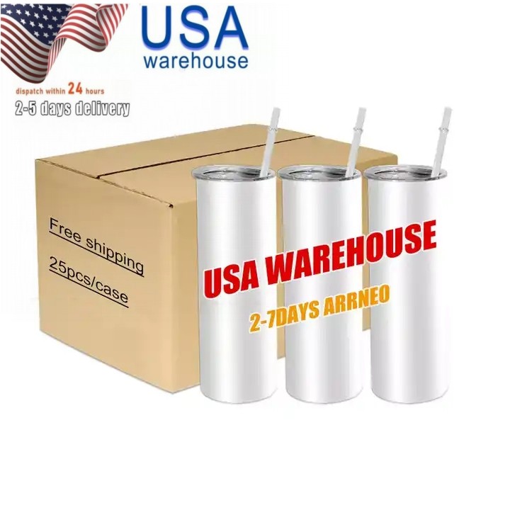 Portable 20oz Tumblers Sublimation Blanks White Stainless Steel Insulated Water Bottles Coffee Tea Mugs With Plastic Straw And Lid