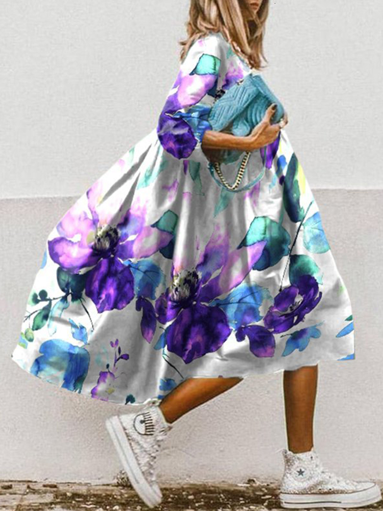 Casual Dresses Women Fashion O Neck Loose Office Party Elegant Floral Printed A-Line Half Sleeved Boho Beach Vestidos 230217