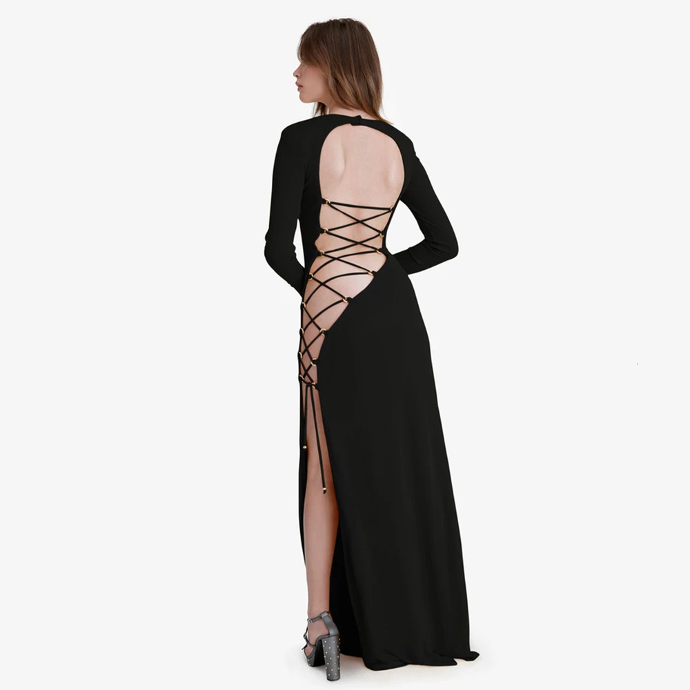 Casual Dresses Cryptographic Fall Fashion Bandage Long Sleeve Sexy Backless Maxi Dress Women Clothing Elegant Club Party Split 230217