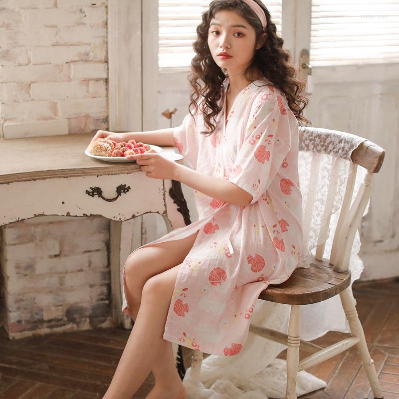 Women's Sleepwear Pink Short Sleeve Kimono Robe Gown Sweet Fruit Print Nightdress Summer V-Neck Bathrobe Cotton Nightgown Casual 
Women's Sleepwear Pink Short Sleeve Kimono Robe Gown Sweet Fruit Print Nightdress Summer V-Neck Bathrobe Cotton Nightgown Casual