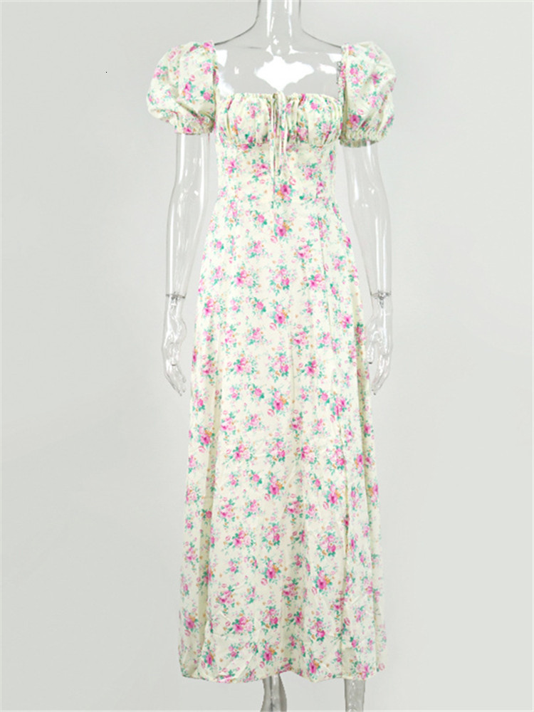 Casual Dresses NCLAGEN Boho Charming Floral Print Vacation Puff Sleeve Slit Vestidos Women Summer Party Club Vintage Long Robe 230217