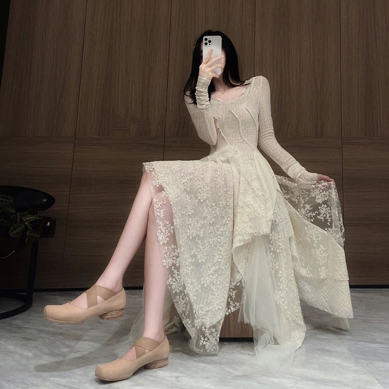 Casual Dresses Spring Summer Gothic Style Boho O-neck Long Sleeve Lace Splicing Irregular Layered Vestidos 230217