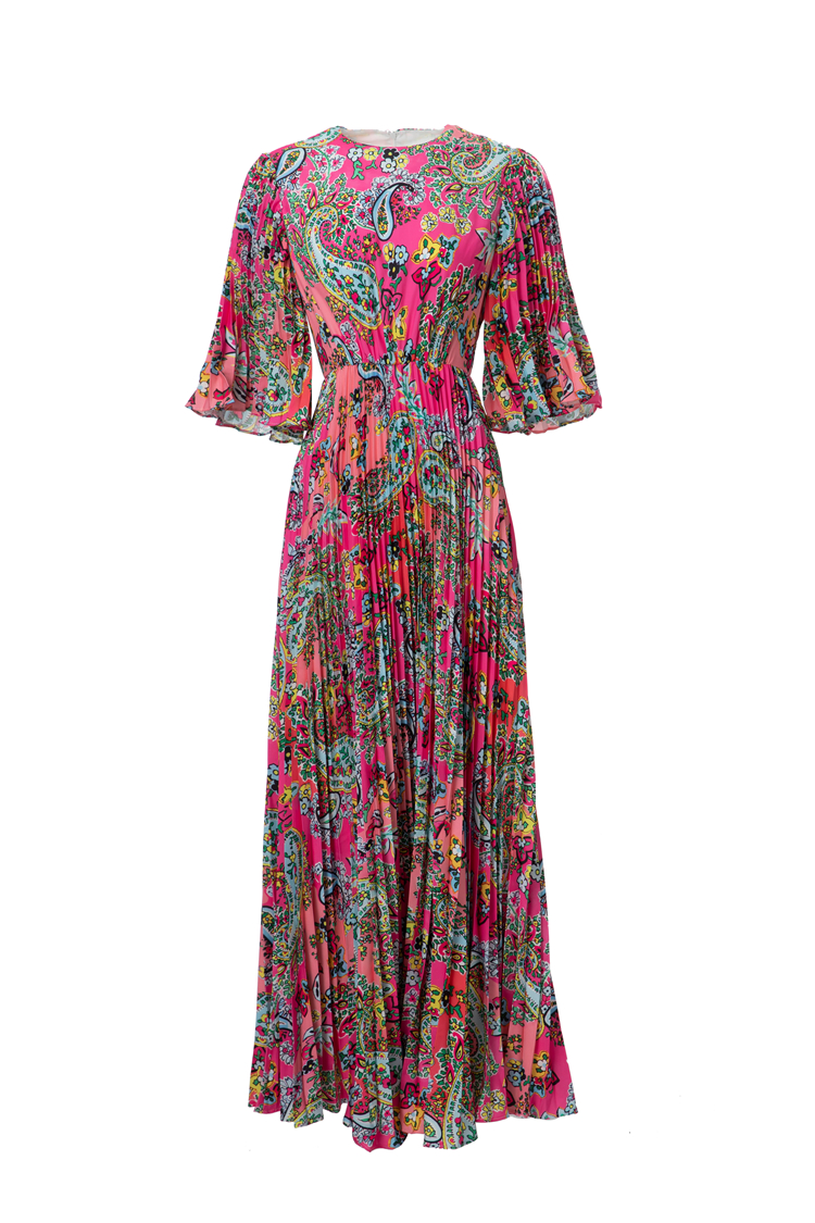 Women's Runway Dresses O Neck 3/4 Sleeves Pleated Floral Printed Elegant Fashion Prom Vestidos