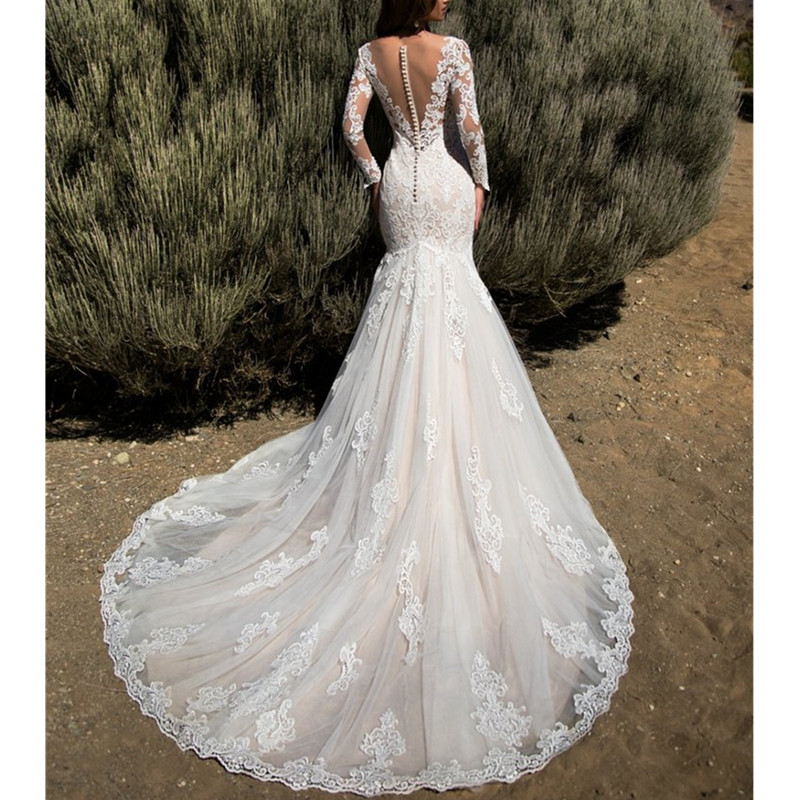 2023 Lace Appliques Wedding Dresses Exquisite Mermaid Dress Bridal Gowns Sweep Train Long Sleeves Weeding Party Dresses