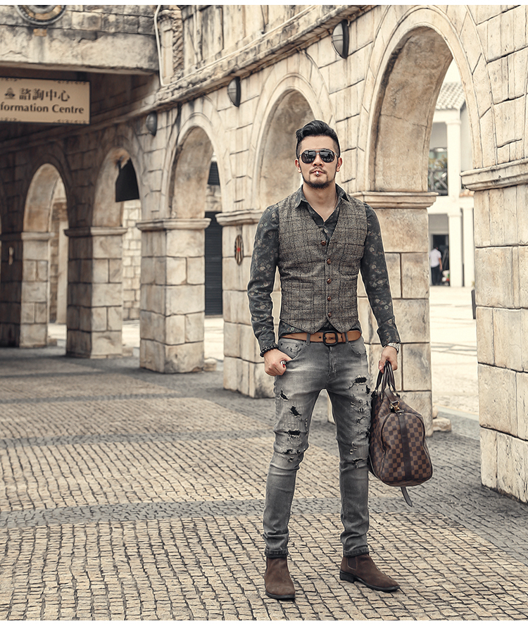 Men's Vests Mens Suit Men Brown Black Waistcoat Vest Man Plaid Steampunk Jacket Striped Tweed V neck Slim Fit Gilet Wedding Clothing 230217