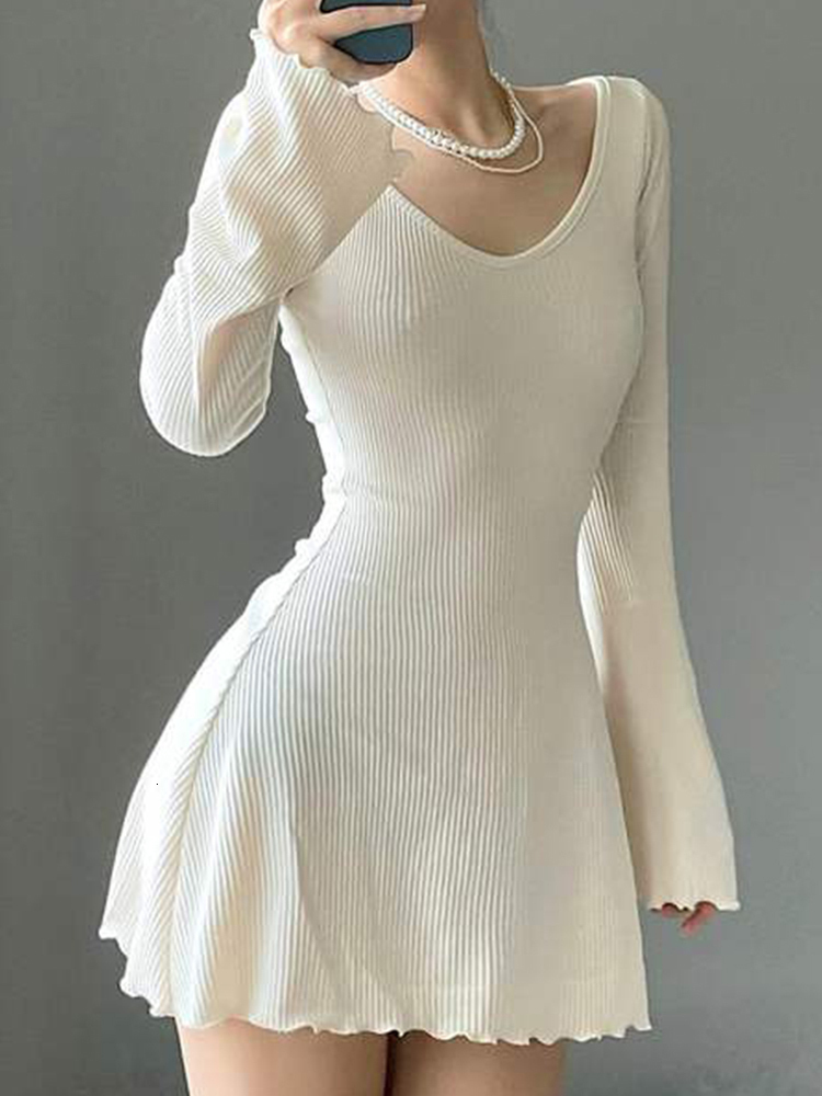 Casual Dresses Weekeep Autumn Party Dress Solid Elegant Flared Full Sleeve Slim Knitted Mini A-line Women Clothing Korean Fashion Lady 230217