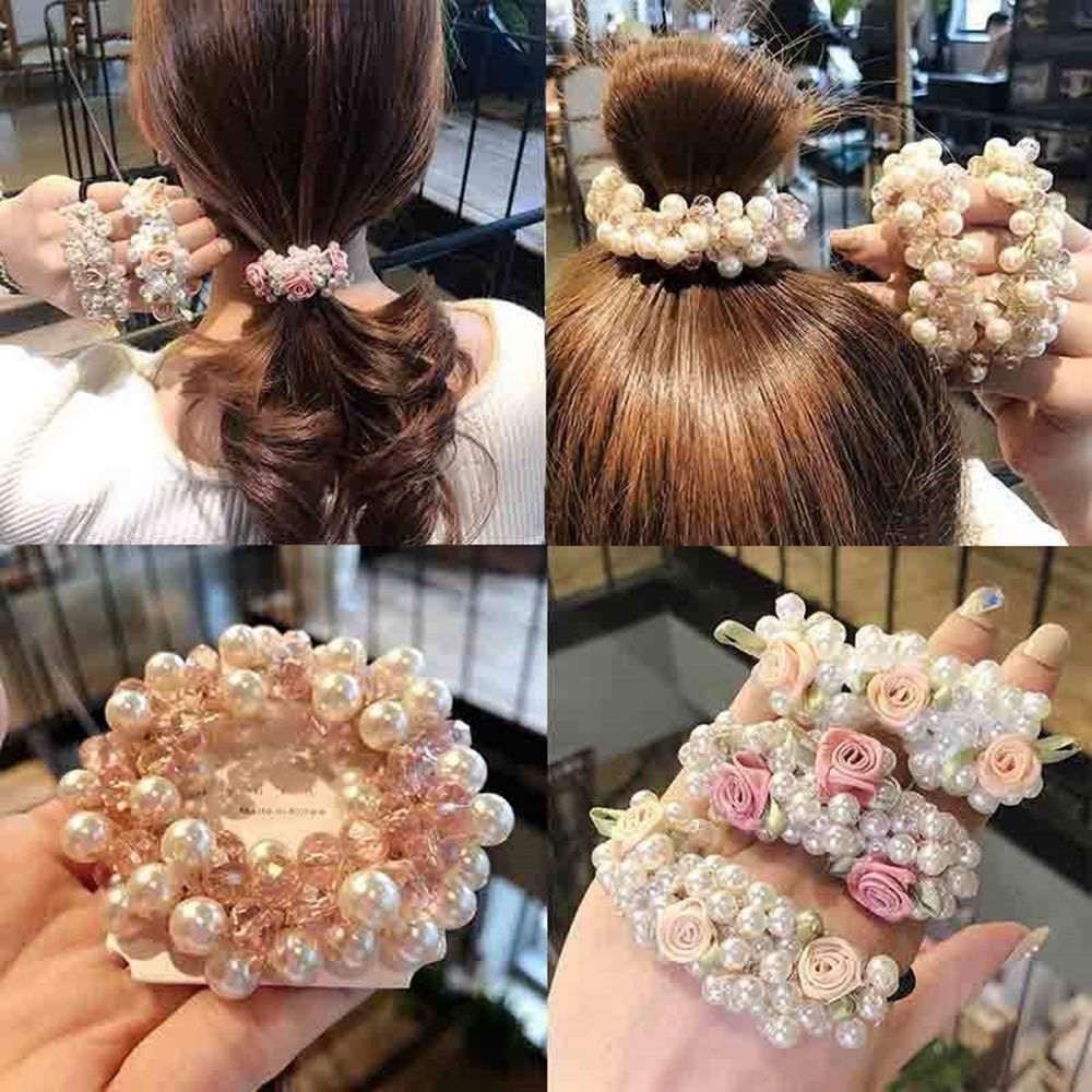 Women Ribbon Flower Pearls Hair Rope Handmade Elastic Beaded Ponytail Holders Hair Ties For Women And Girls Hair Accessories 1653