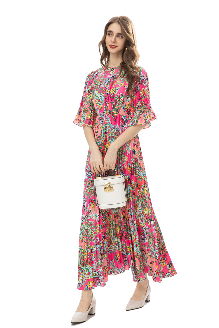 Women's Runway Dresses O Neck 3/4 Sleeves Pleated Floral Printed Elegant Fashion Prom Vestidos