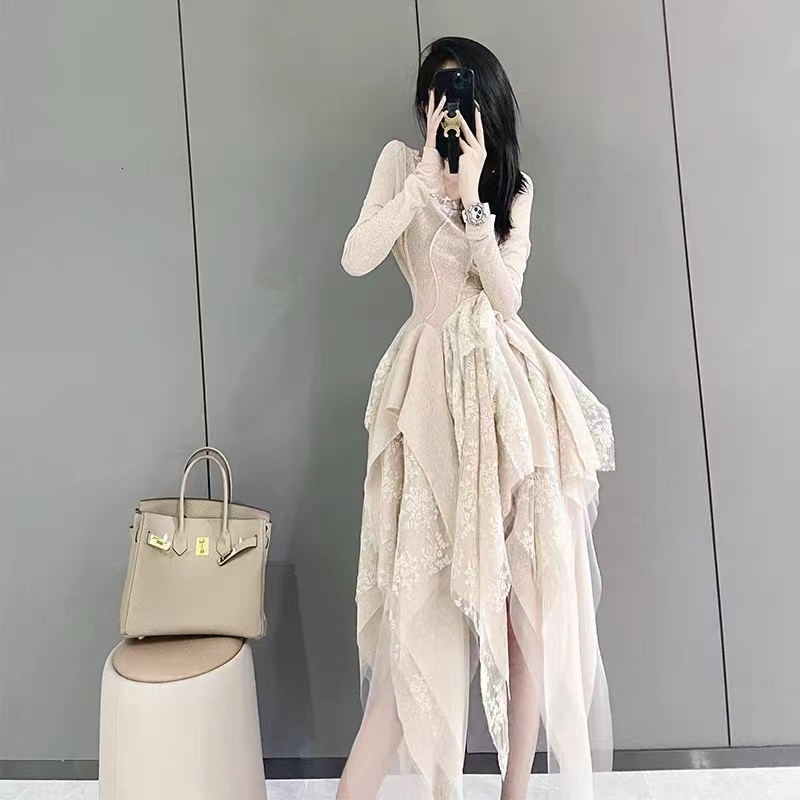 Casual Dresses Spring Summer Gothic Style Boho O-neck Long Sleeve Lace Splicing Irregular Layered Vestidos 230217