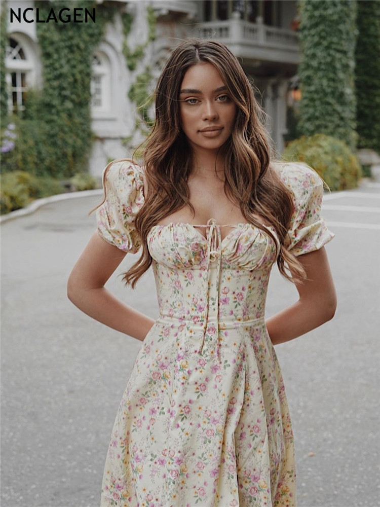Casual Dresses NCLAGEN Boho Charming Floral Print Vacation Puff Sleeve Slit Vestidos Women Summer Party Club Vintage Long Robe 230217