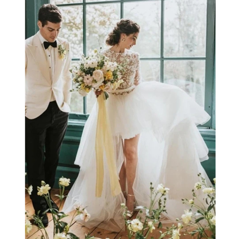 Cute High Low Jewel Neck Wedding Dresses Gown For Women Lace Appliques Top A line Short Front Corset Bridal Gowns