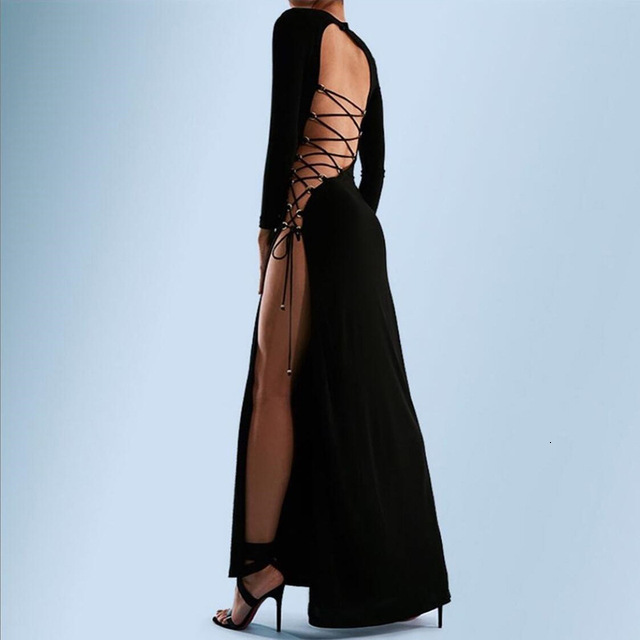 Casual Dresses Cryptographic Fall Fashion Bandage Long Sleeve Sexy Backless Maxi Dress Women Clothing Elegant Club Party Split 230217