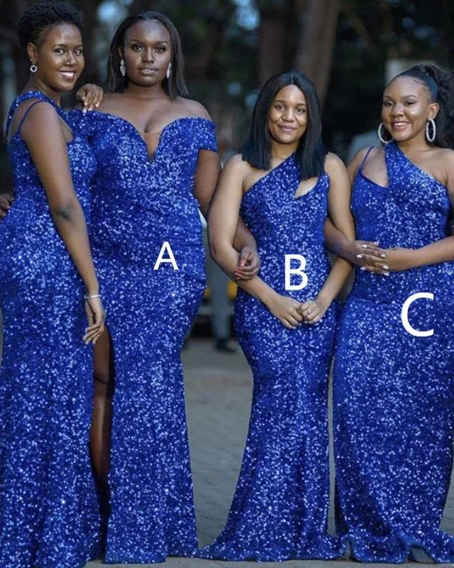 Royal Blue Sequins Bridesmaid Dresses Mermaid Floor Length Sequin One Shoulder Custom Made Plus Size Maid of Honor Gown 2024