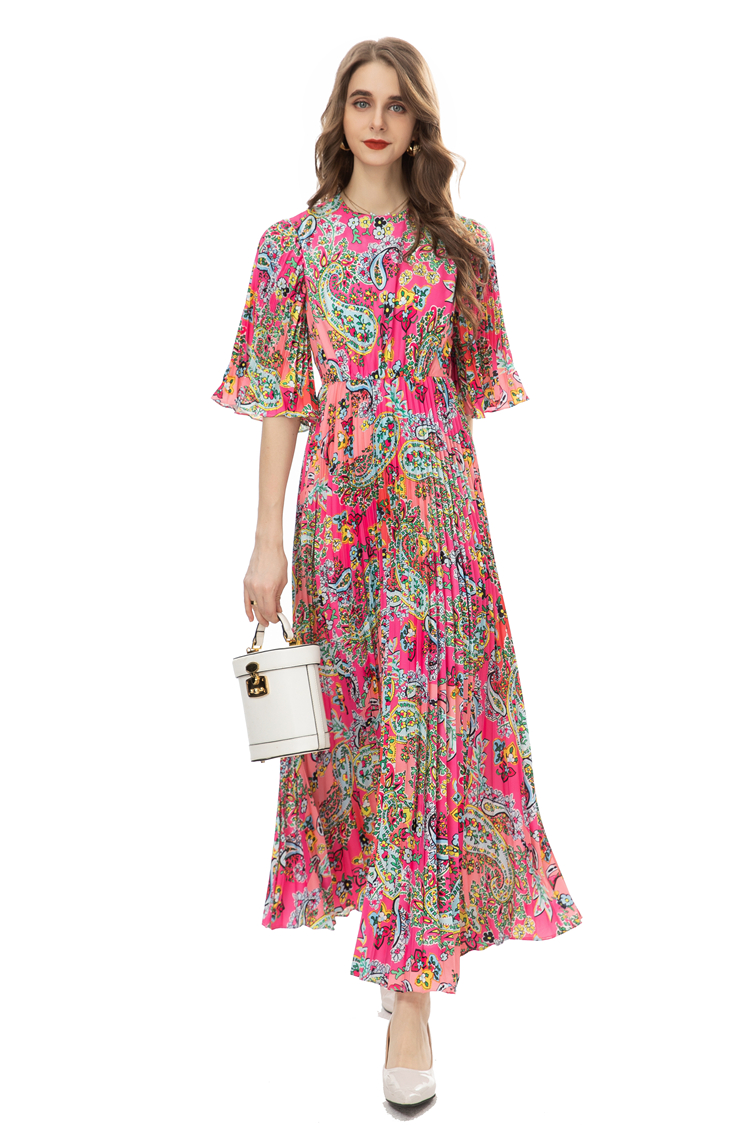 Women's Runway Dresses O Neck 3/4 Sleeves Pleated Floral Printed Elegant Fashion Prom Vestidos