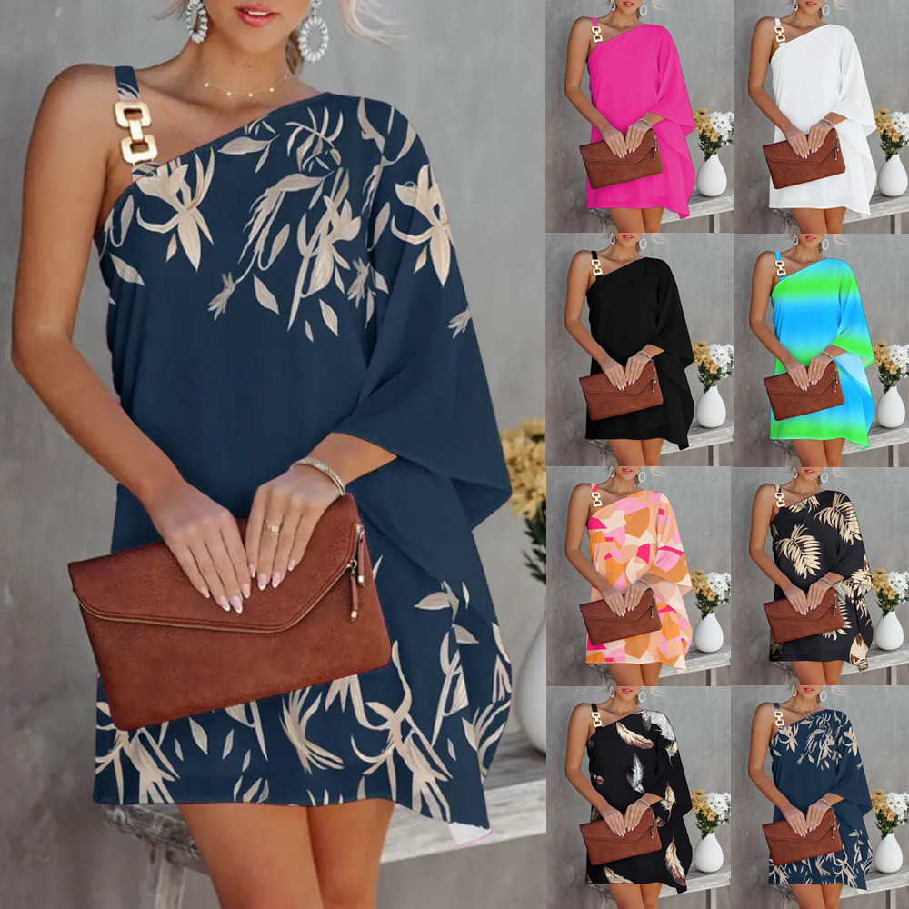 Casual Dresses Sexy One Shoulder Dress Women Fashion Printed Loose Office Mini Straps Batwing Sleeve Beach Party 230217, Green