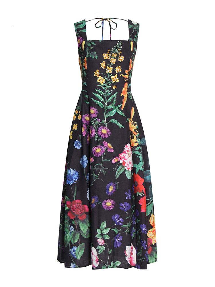 Casual Dresses VGH Vintage Print Floral Dress For Women Square Collar Sleeveless High Waist Backless Colorblock Midi Female Clothes 230217