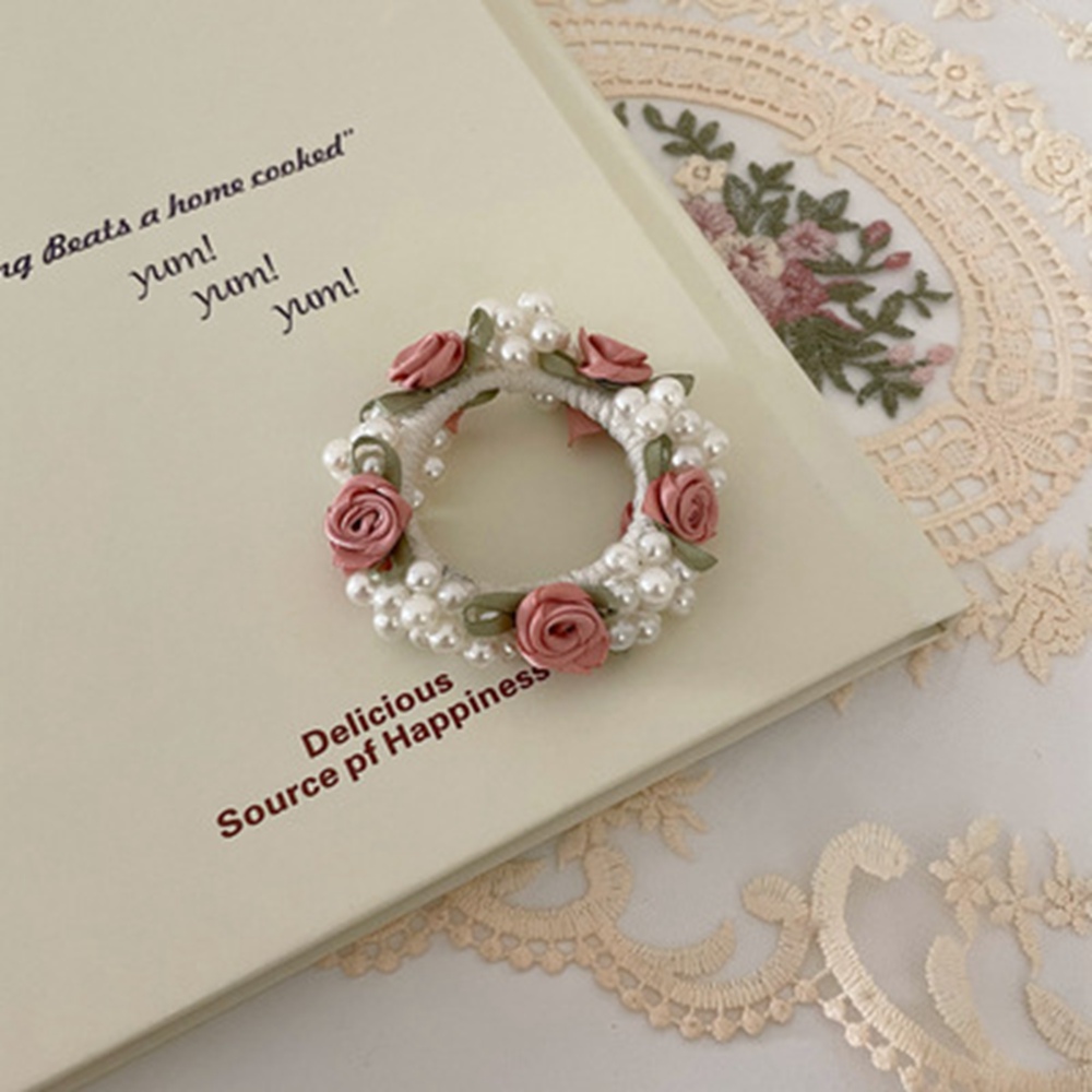 Women Ribbon Flower Pearls Hair Rope Handmade Elastic Beaded Ponytail Holders Hair Ties For Women And Girls Hair Accessories 1653