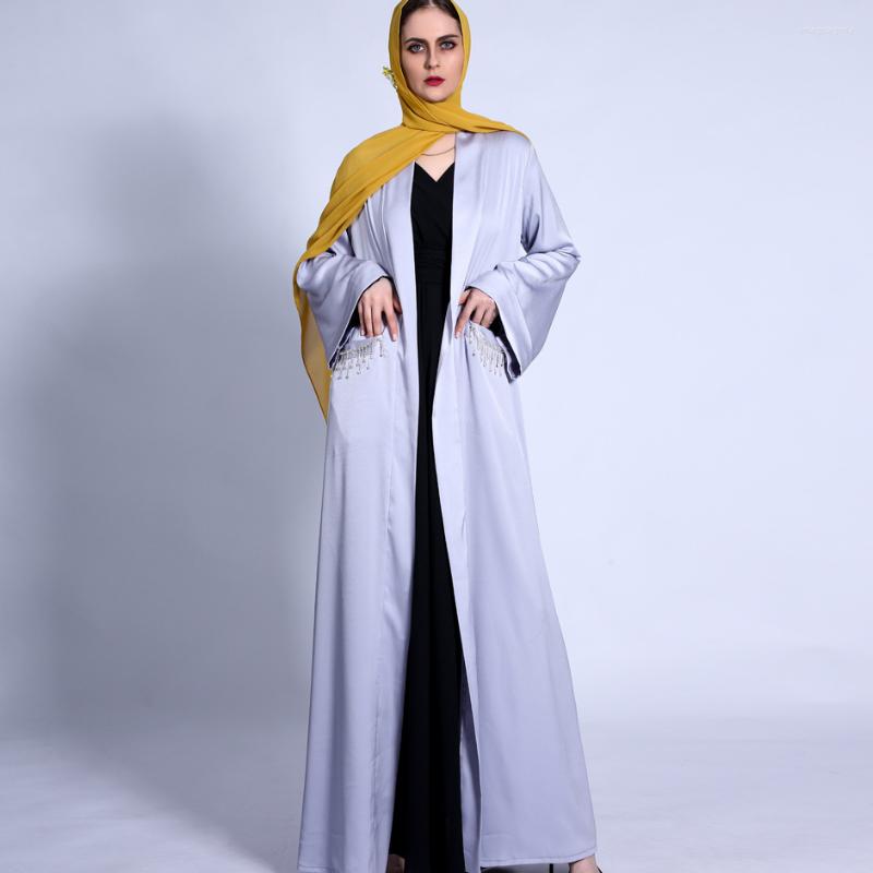 Ethnic Clothing 2023 Ramadan Satin Cardigan With Wide Cuffs Lace Fringed Diamond Pockets Dubai Middle East Chic Gown Woman Jilbab 
Ethnic Clothing 2023 Ramadan Satin Cardigan With Wide Cuffs Lace Fringed Diamond Pockets Dubai Middle East Chic Gown Woman Jilbab