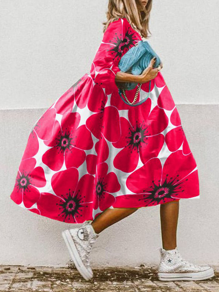 Casual Dresses Women Fashion O Neck Loose Office Party Elegant Floral Printed A-Line Half Sleeved Boho Beach Vestidos 230217