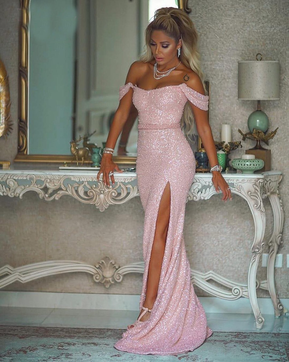 Elegant Prom Dresses Mermaid Off the Shoulder Solid Color High Side Split Custom Made Zipper Floor Length Evening Dress Plus Size Available in Multipl