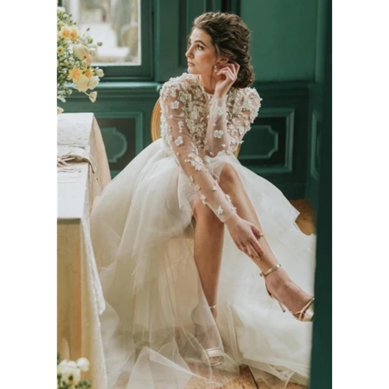 Cute High Low Jewel Neck Wedding Dresses Gown For Women Lace Appliques Top A line Short Front Corset Bridal Gowns