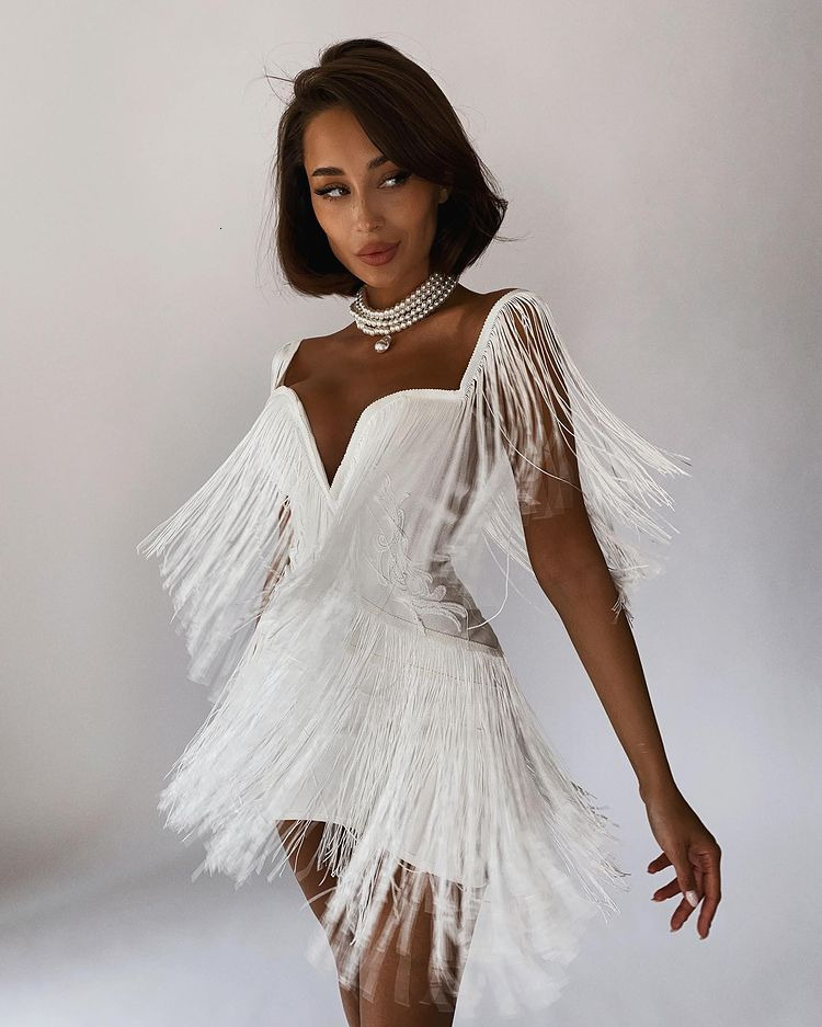 Casual Dresses CIEMIILI Women Fashion Tassel Bandage Dress Sexy V Neck Off Shoulder Bodycon Nightclub Celebrity Female Party Mini 230217