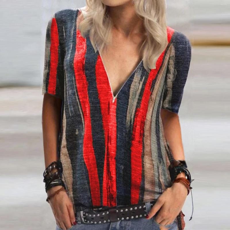 Women's T Shirts Summer Tshirt Casual Tie-dye Striped Print Zipper V-Neck Tees Loose T-Shirts Women Short Sleeve Oversize Top Streetwear, Red
Women's T Shirts Summer Tshirt Casual Tie-dye Striped Print Zipper V-Neck Tees Loose T-Shirts Women Short Sleeve Oversize Top Streetwear, Red