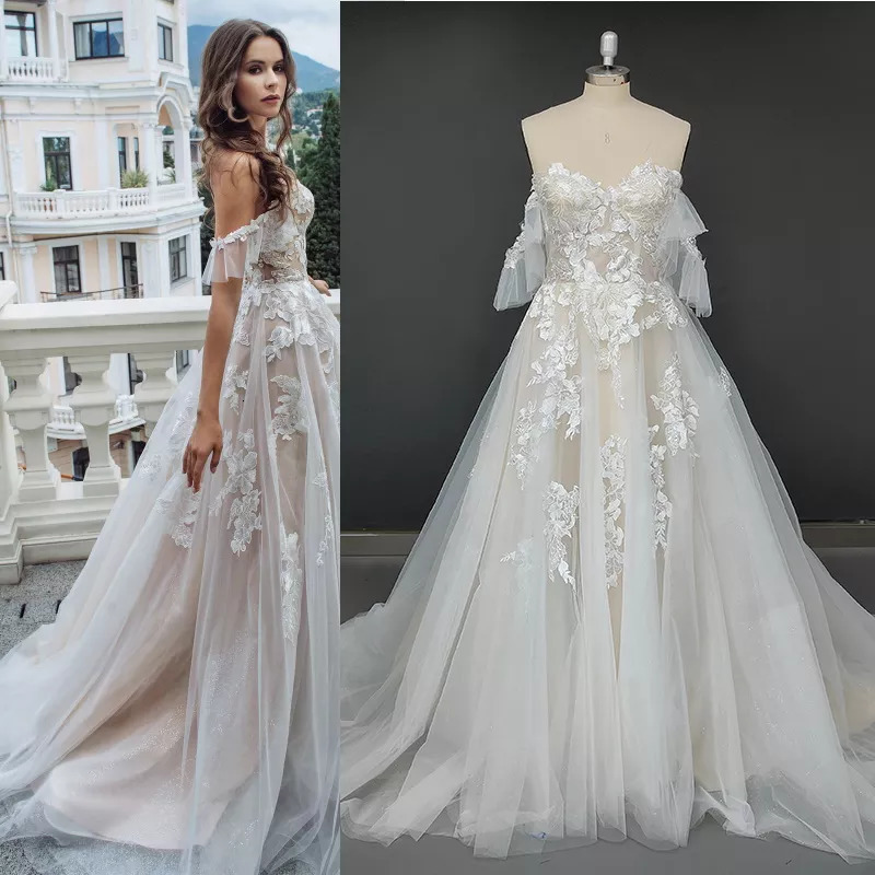 Party Dresses 10347 Sweetheart A Line Elegant Short Sleeves Backless Lace Sweep Train Off Shoulder Applique Wedding Dress Bridal Gown 230217, Gray
Party Dresses 10347 Sweetheart A Line Elegant Short Sleeves Backless Lace Sweep Train Off Shoulder Applique Wedding Dress Bridal Gown 230217, Gray