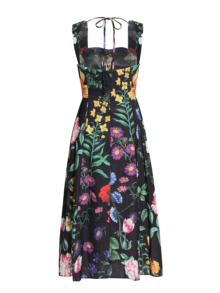 Casual Dresses VGH Vintage Print Floral Dress For Women Square Collar Sleeveless High Waist Backless Colorblock Midi Female Clothes 230217