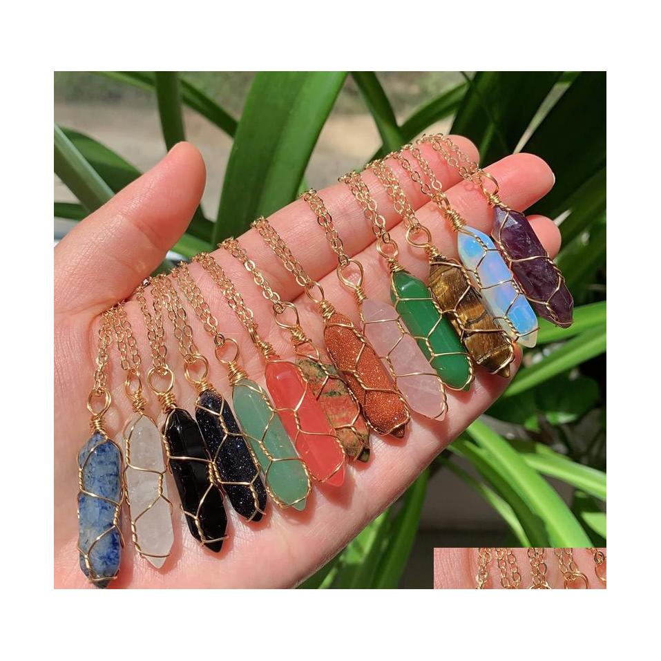 Pendant Necklaces Gold Color Copper Wire Wrap Natural Stone Pillar Pendum Reiki Healing Crystal Necklace Hexagonal Amethyst Pink Qua Dh1Ug
Pendant Necklaces Gold Color Copper Wire Wrap Natural Stone Pillar Pendum Reiki Healing Crystal Necklace Hexagonal Amethyst Pink Qua Dh1Ug