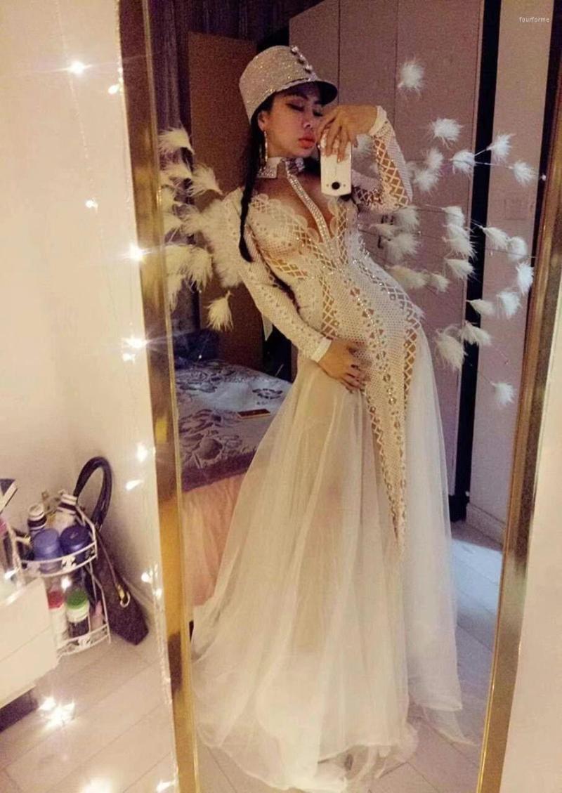 Stage Wear Sparkly Rhinestones White Voile Tail Long Dress Women Prom Celebrity Party Nightclub Show Singer Dance Costume, Ivory
Stage Wear Sparkly Rhinestones White Voile Tail Long Dress Women Prom Celebrity Party Nightclub Show Singer Dance Costume, Ivory
