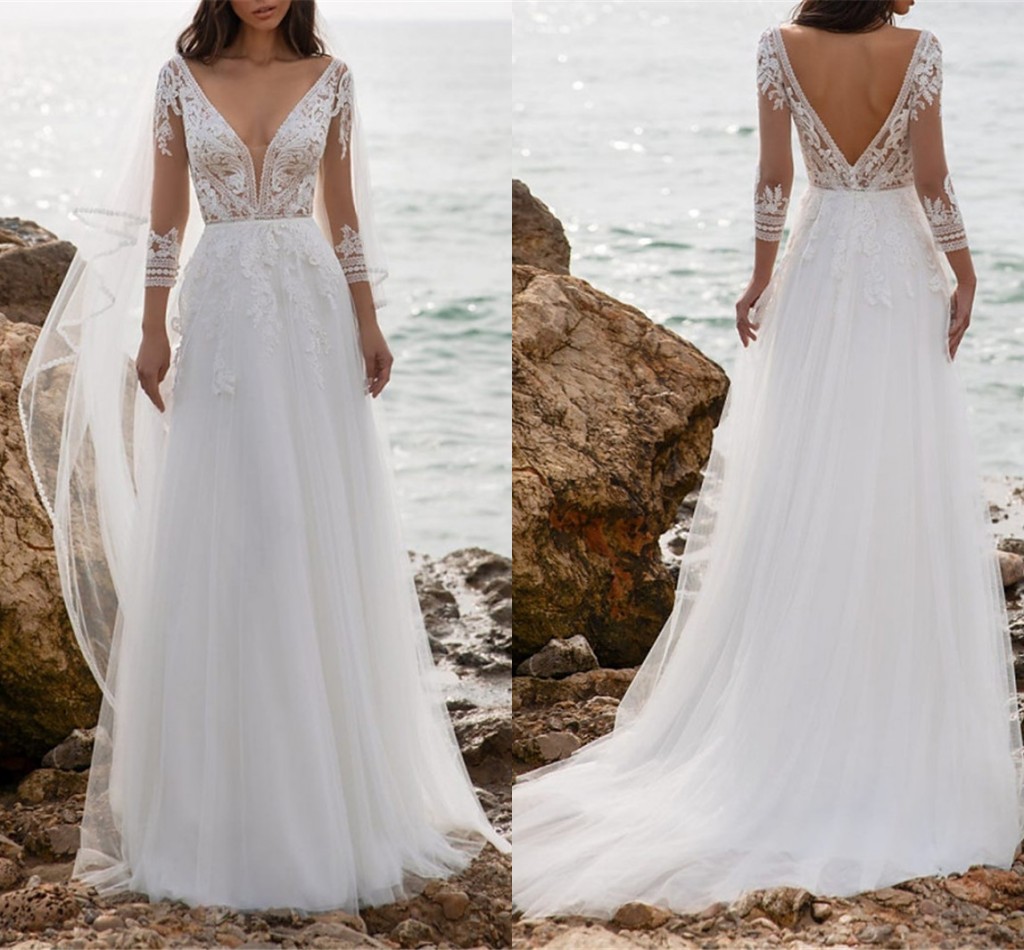 Summer Beach Garden Bohemian Wedding Dresses Sexy Deep V Neck A Line Long Sleeve Boho Bridal Gowns Open Back BC15196, Gold
Summer Beach Garden Bohemian Wedding Dresses Sexy Deep V Neck A Line Long Sleeve Boho Bridal Gowns Open Back BC15196, Gold