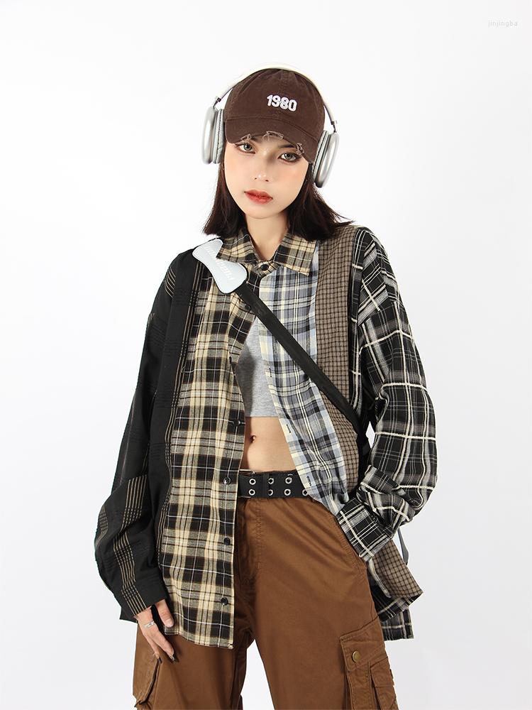 Women' Blouses Vintage Splicing Plaid Women' Shirts Spring Autumn Chic Oversize Korean Fashion Woman Blouse Y2k Streetwear Long Sleeve, Pink 
Women' Blouses Vintage Splicing Plaid Women' Shirts Spring Autumn Chic Oversize Korean Fashion Woman Blouse Y2k Streetwear Long Sleeve, Pink