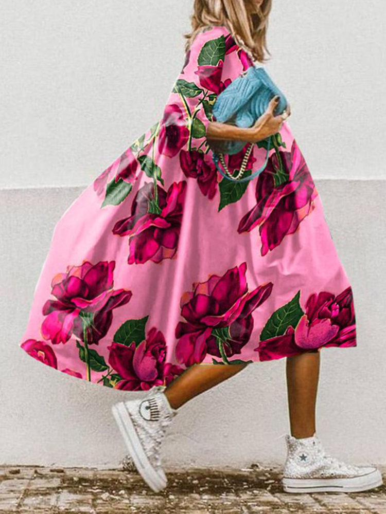 Casual Dresses Women Fashion O Neck Loose Office Party Elegant Floral Printed A-Line Half Sleeved Boho Beach Vestidos 230217