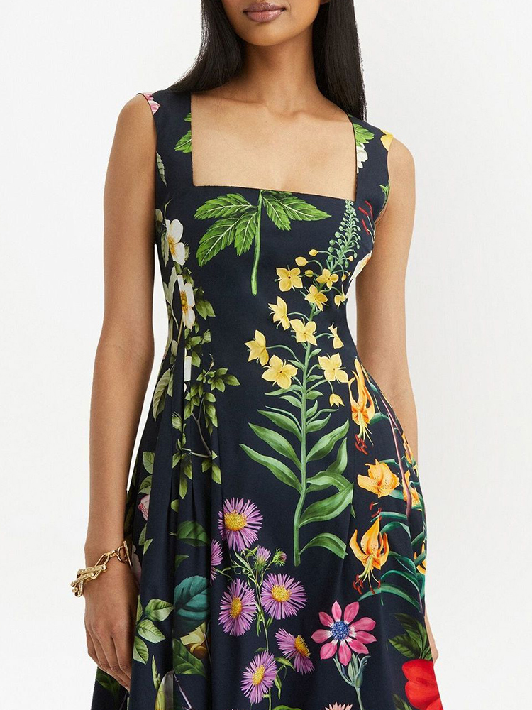 Casual Dresses VGH Vintage Print Floral Dress For Women Square Collar Sleeveless High Waist Backless Colorblock Midi Female Clothes 230217