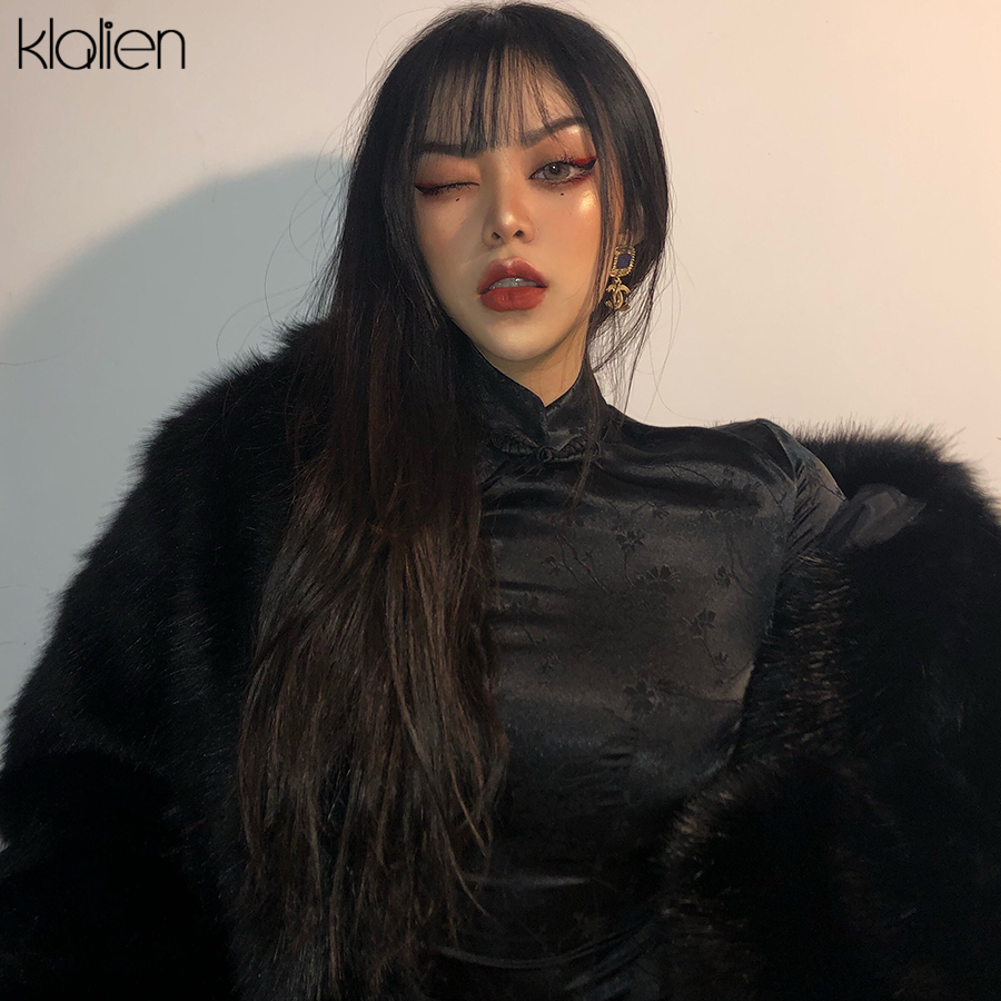 Casual Dresses KLALIEN Black Monochrome Printing Satin Traditional Chinese Long Qipao Dress Sexy Split Tang Costume Banquet Woman 230217