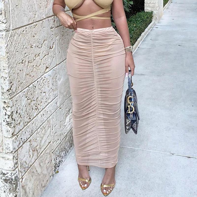 Skirts 2023 Summer Women Mesh Skirt High Waist Ruched Folds Skinny See Through Female Simple Solid Clothes Party Clubwear, Apricot 
Skirts 2023 Summer Women Mesh Skirt High Waist Ruched Folds Skinny See Through Female Simple Solid Clothes Party Clubwear, Apricot