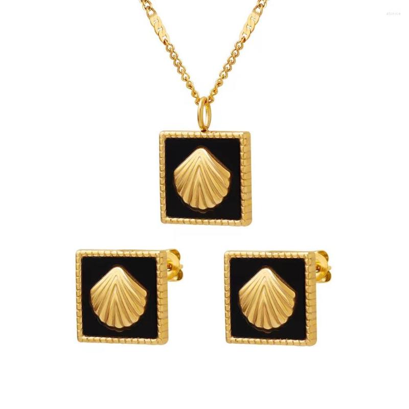 Necklace Earrings Set Simple Fashion Jewelry Combination Black Enamel Stainless Steel Shell Stud, Picture shown
Necklace Earrings Set Simple Fashion Jewelry Combination Black Enamel Stainless Steel Shell Stud, Picture shown