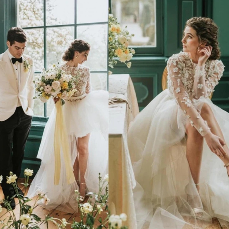 Cute High Low Jewel Neck Wedding Dresses Gown For Women Lace Appliques Top A line Short Front Corset Bridal Gowns