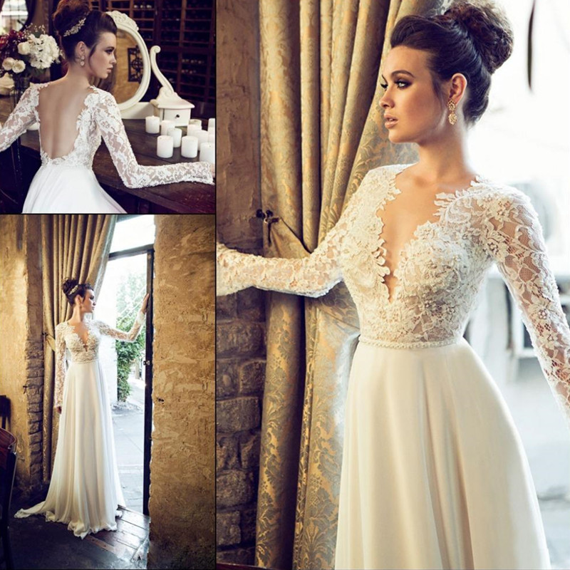 Berta Sexy A Line Weeding Dresses Deep V Neck Lace Appliques Top Quality Lace Floor Length Bridal Gowns Custom Made