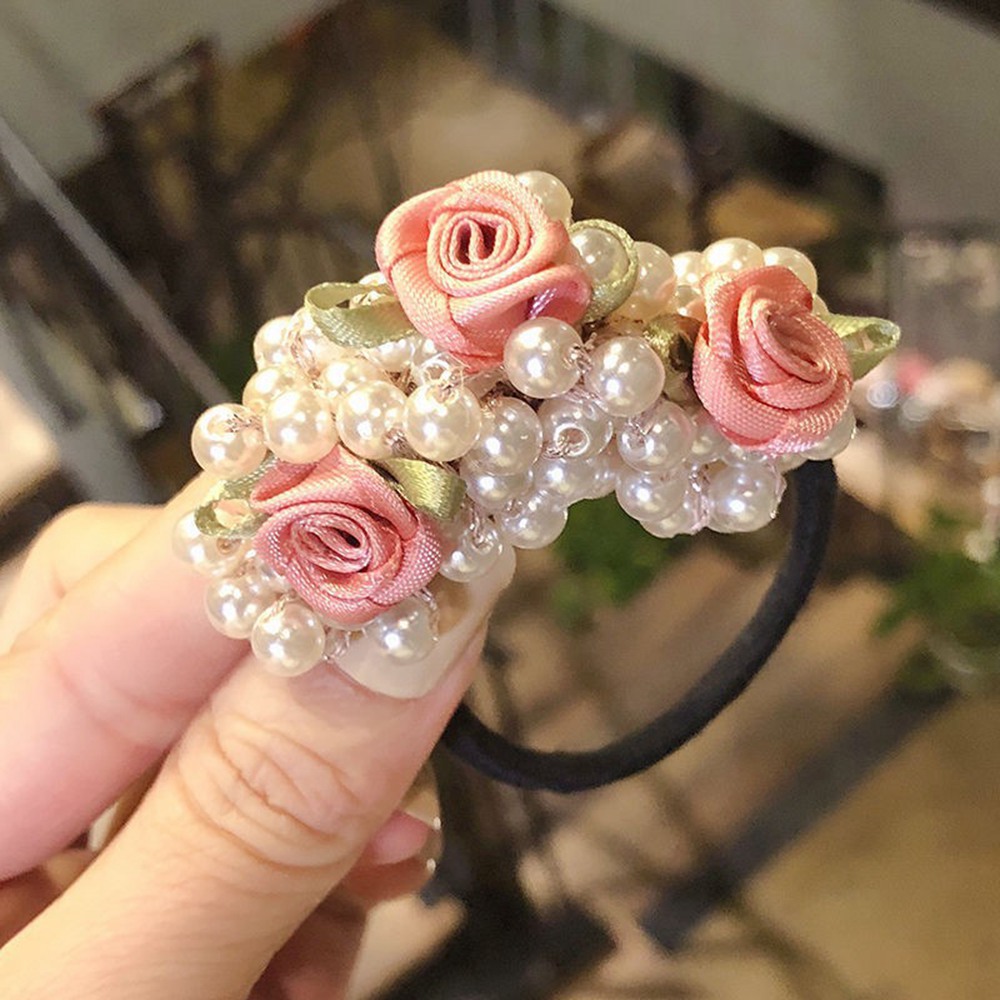 Women Ribbon Flower Pearls Hair Rope Handmade Elastic Beaded Ponytail Holders Hair Ties For Women And Girls Hair Accessories 1653