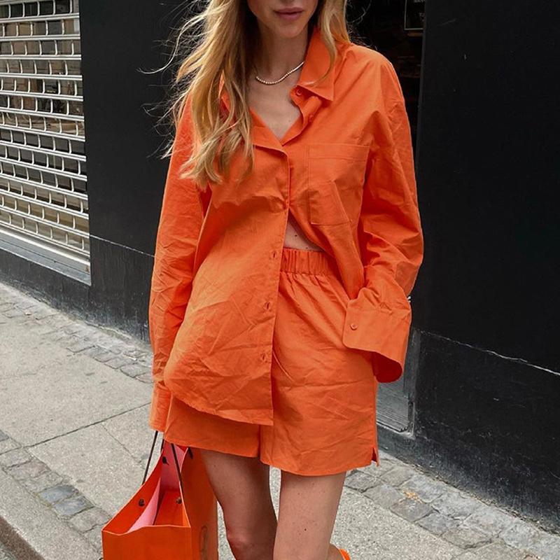 Women' Tracksuits Orange Pocket Shirts Wide Leg Shorts 2 Sets Women Street Single Breasted Blouse Elastic Waist Cotton Suits Female
Women' Tracksuits Orange Pocket Shirts Wide Leg Shorts 2 Sets Women Street Single Breasted Blouse Elastic Waist Cotton Suits Female