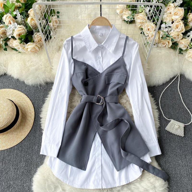 Women' Blouses Autumn 2023 Temperament Blouse Women Lapel Solid Color Medium-length Blusa Spaghetti Strap Fashion Two-piece Shirt, Gray
Women' Blouses Autumn 2023 Temperament Blouse Women Lapel Solid Color Medium-length Blusa Spaghetti Strap Fashion Two-piece Shirt, Gray