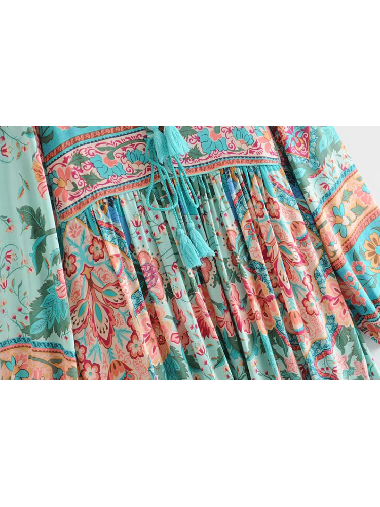 Casual Dresses Vintage Chic Fashion Women Long Sleeve Tassel Red Floral Print Beach Bohemian Maxi Ladies Cotton Pleated Boho Dress Robe 230217