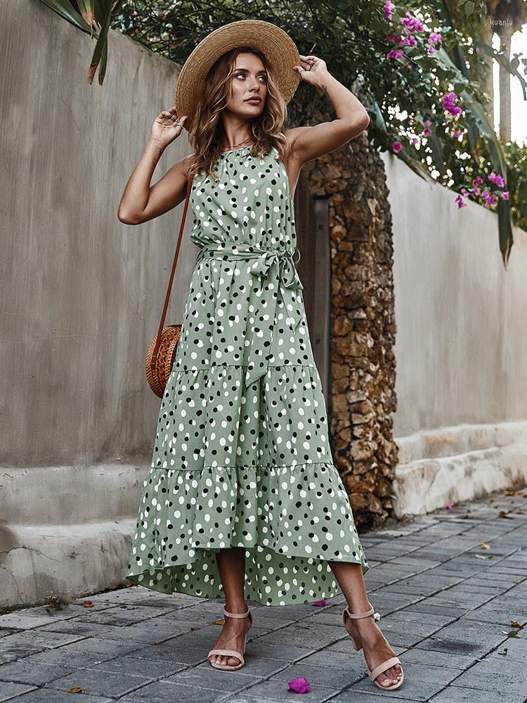 Casual Dresses Vacation Dress Women Dot Print Long Female Lace Up High Waist O Neck Big Swing Fashion Summer Sleeveless Maxi, Pink 
Casual Dresses Vacation Dress Women Dot Print Long Female Lace Up High Waist O Neck Big Swing Fashion Summer Sleeveless Maxi, Pink