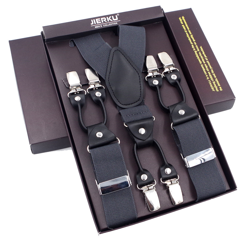 Suspenders Fashion Black leather 6 Clips Braces Vintage Casual Suspensorio Tirante Trousers Strap bretele FatherHusband's Gift 230217